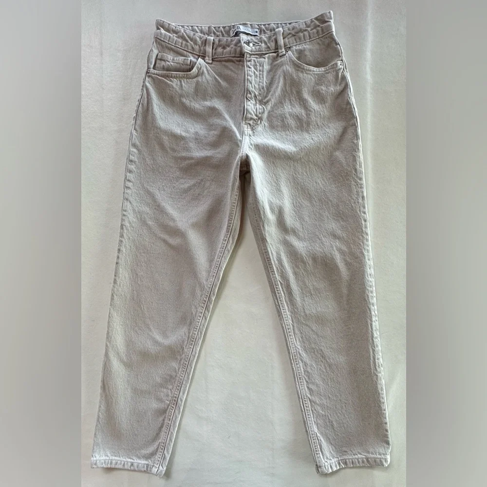 Zara Women's Cream High Rise 100% Cotton Jeans (8) - Picture 3 of 16